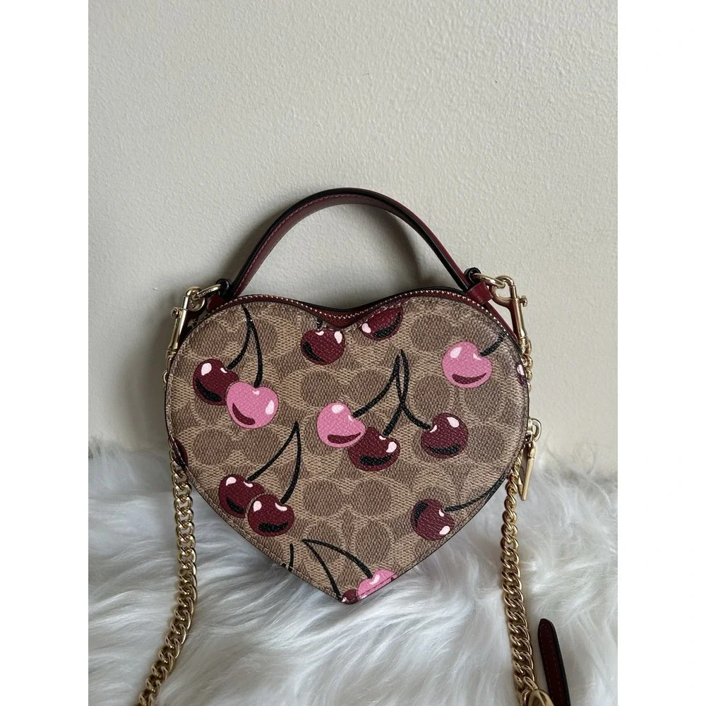 Coach Heart Crossbody Bag Signature Canvas Cherry Print Brown Red CF381 - Picture 2 of 10